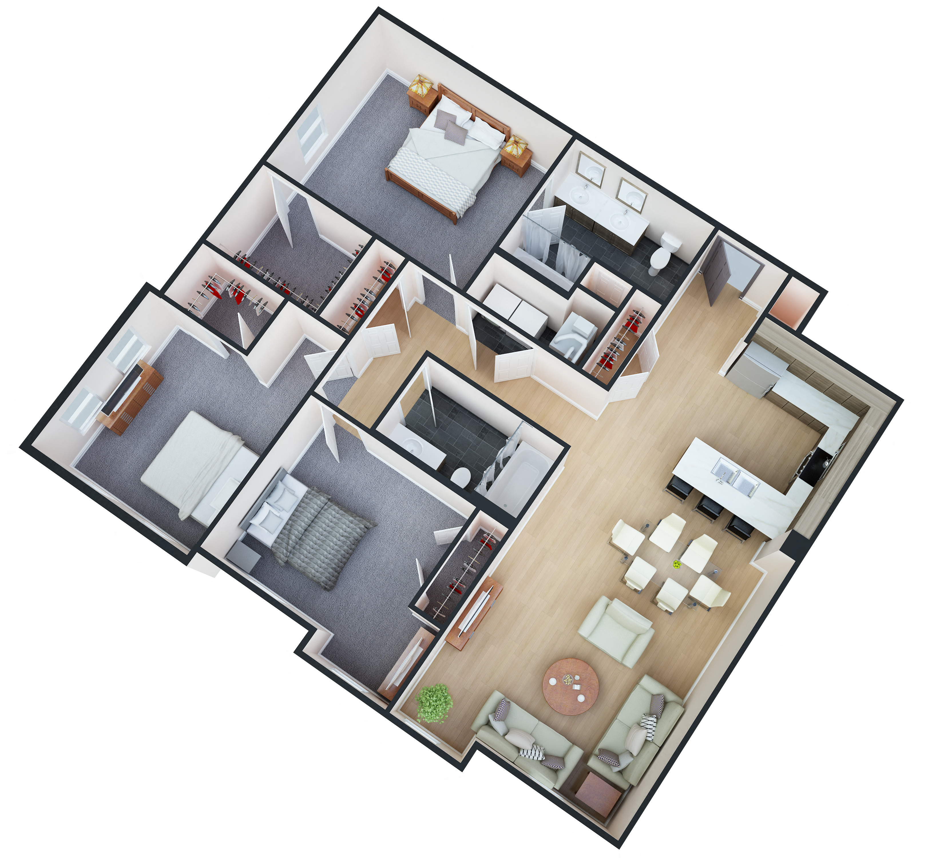 Floor plan for 3 beds, 2 baths, 1361 sqft